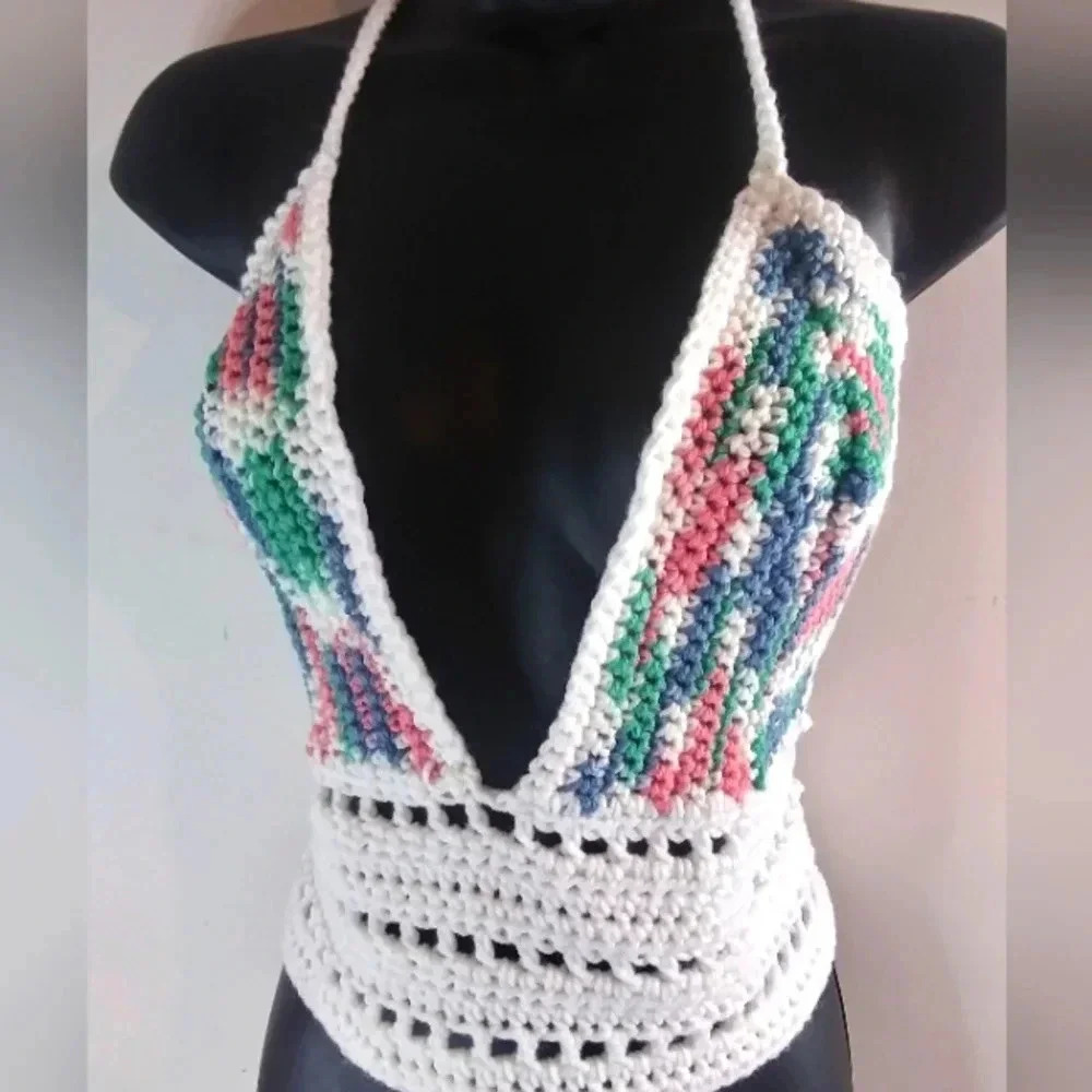 Handmade White Multicolor Crochet Corset String Backless Halter Crop Top - Picture 1 of 2